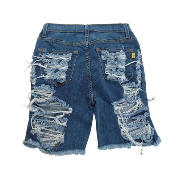 Distressed Denim Bermuda Shorts By Vibrant M.i.U Frayed Hem Made In USA S. - Picture 2 of 8